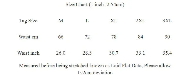 Clothing size chart displaying waist measurements in cm and inches for sizes M to 3XL