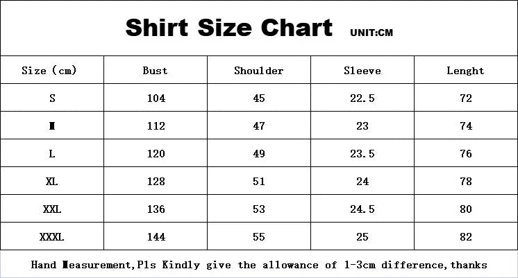 Shirt size chart displaying bust, shoulder, sleeve, and length measurements in centimeters for sizes S to XXXL