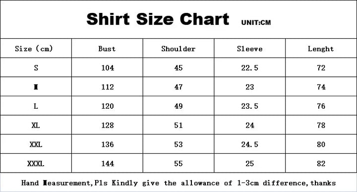 Shirt size chart displaying bust, shoulder, sleeve, and length measurements in centimeters for sizes S to XXXL