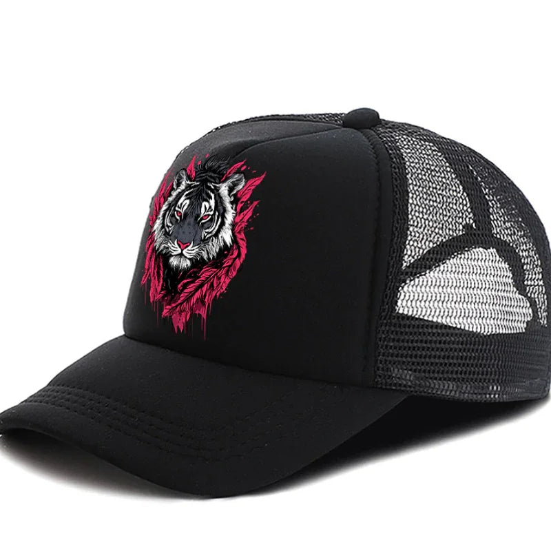Black mesh trucker cap with detailed white tiger head and red graphic design on front panel