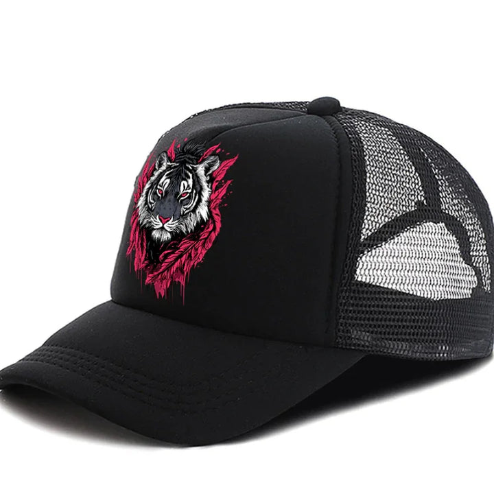 Black mesh trucker hat with embroidered white tiger head and red brushstroke design