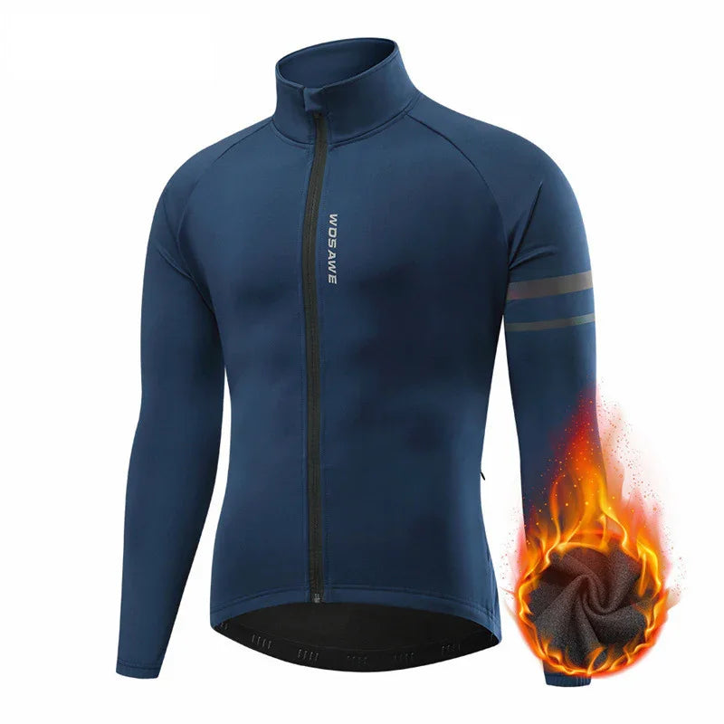 Thermal blue cycling jacket with full zip, long sleeves, and flame graphic for warmth