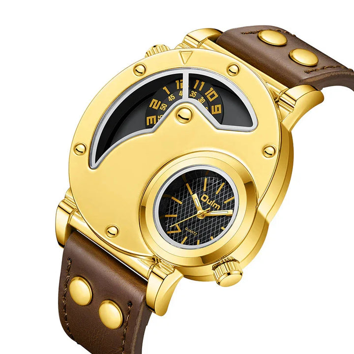 Gold case wristwatch with brown leather strap, dual dial design showing time and minutes