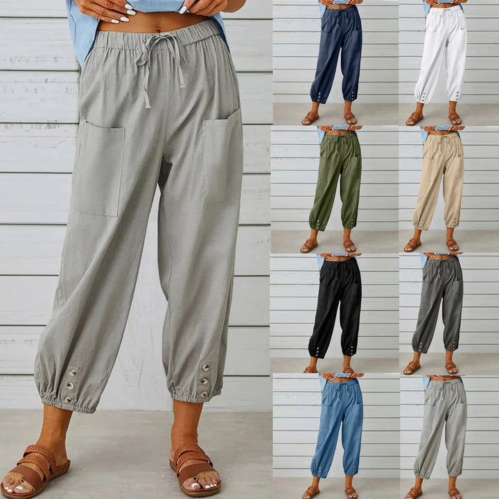 Women wearing casual cropped pants with elastic waist and front pockets in various colors
