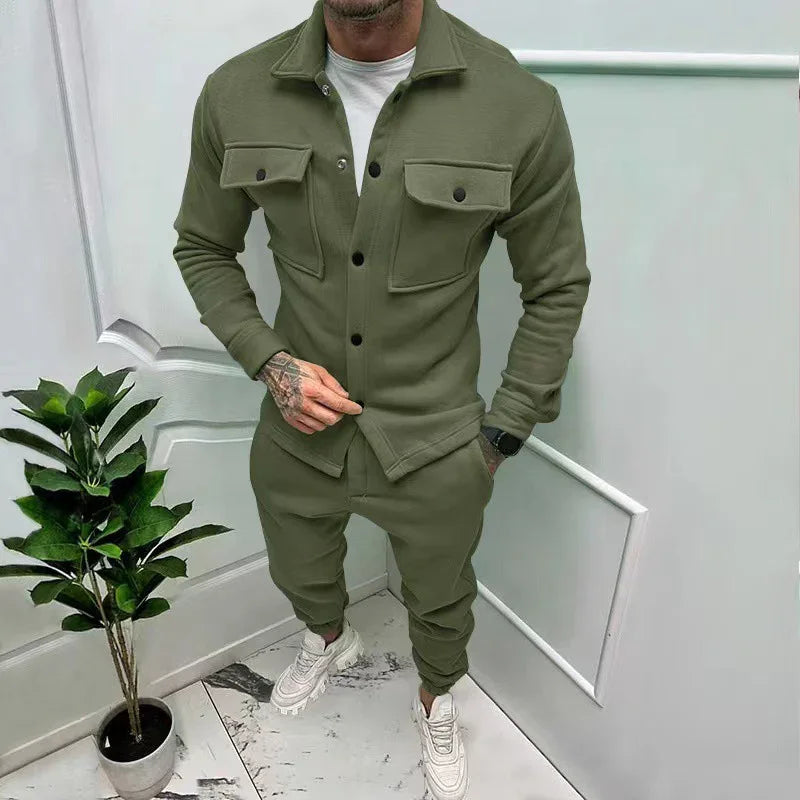 Man wearing olive green casual two-piece outfit with buttoned shirt jacket and jogger pants