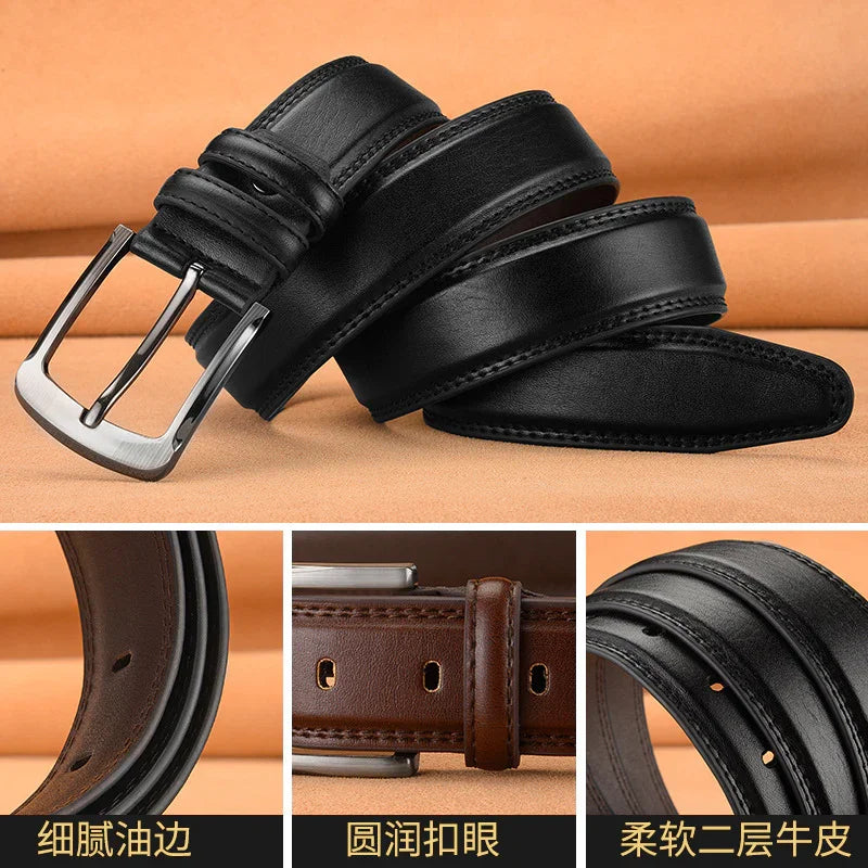 Black and brown leather belts with polished buckle, detailed stitching, and smooth finish on tan background