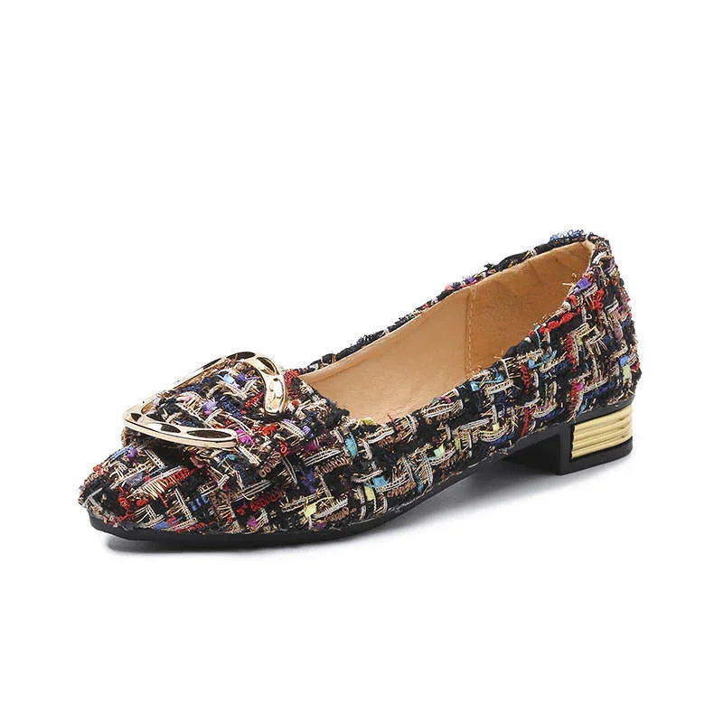 Women's multicolor tweed flat shoe with golden decorative buckle and low stacked heel