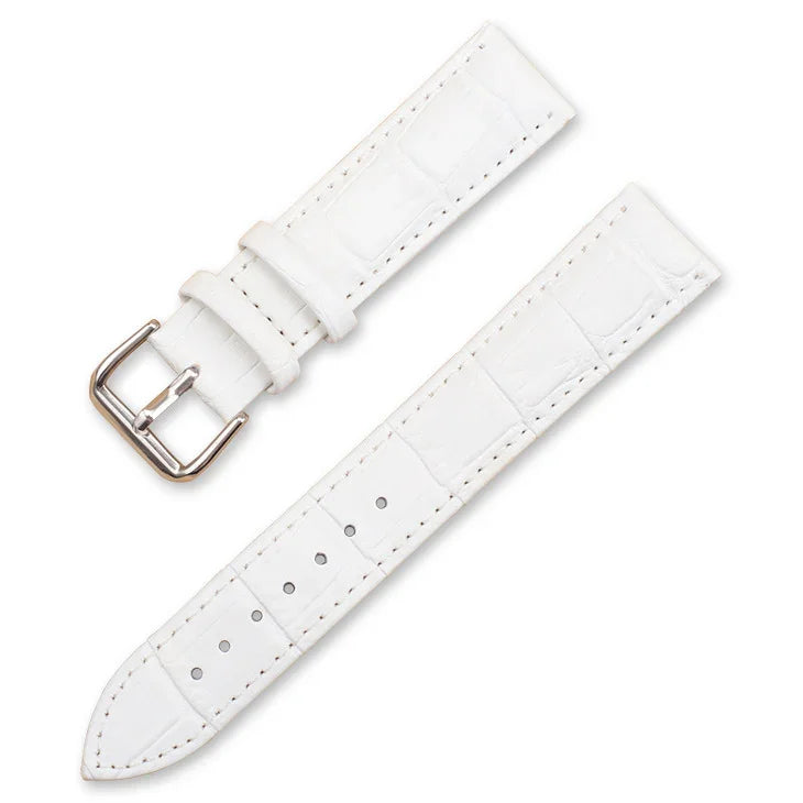 White leather watch strap with crocodile pattern and silver buckle on white background