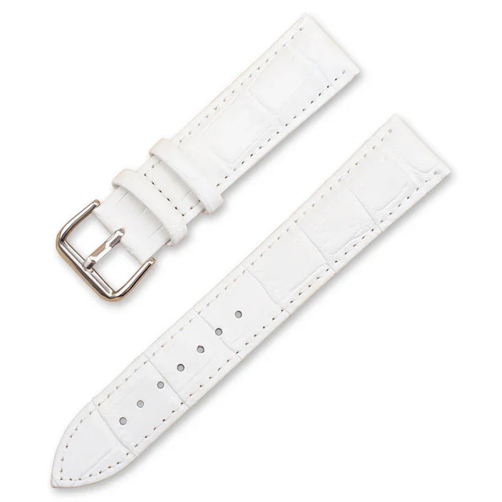 White leather watch strap with crocodile pattern and silver buckle on white background
