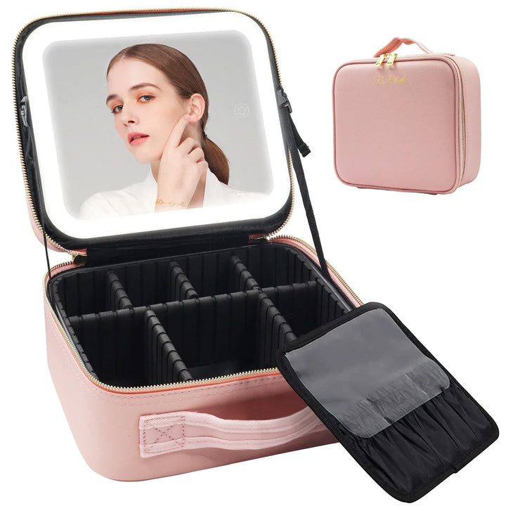 Pink makeup train case with LED mirror and detachable makeup brush holder