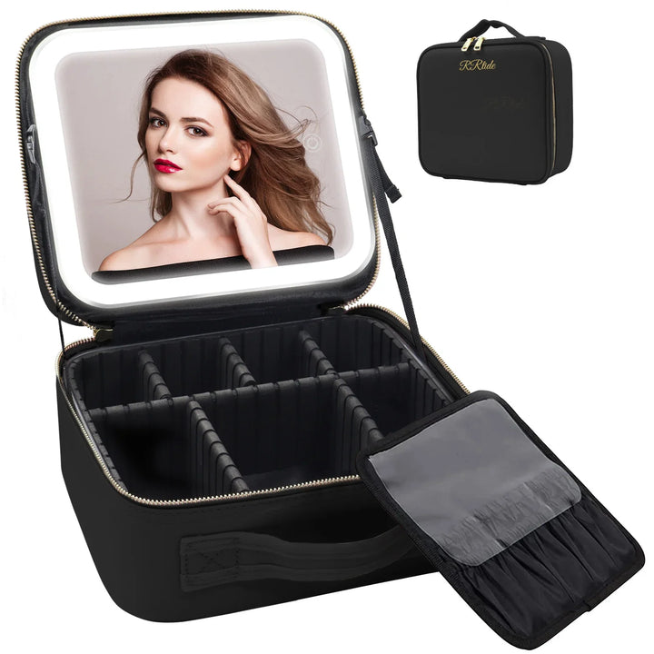 Black makeup case with LED lighted mirror, multiple compartments, and brush holder pouch