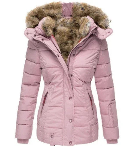 Pink women's winter jacket with quilted design and faux fur lined hood