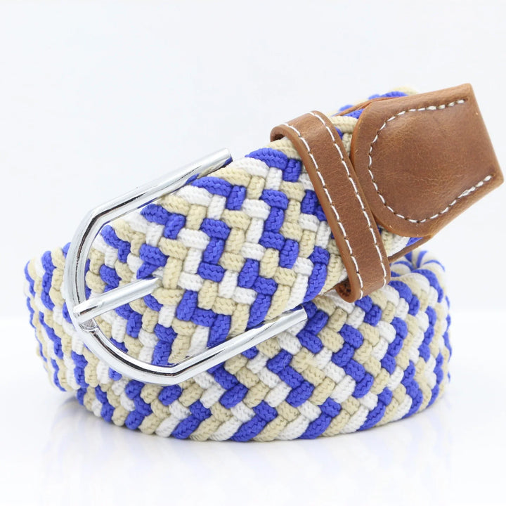 woven fabric belt with blue, beige, and white pattern and brown leather buckle end