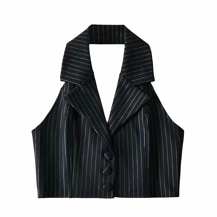 Black pinstripe sleeveless cropped blazer vest with wide lapels and three buttons