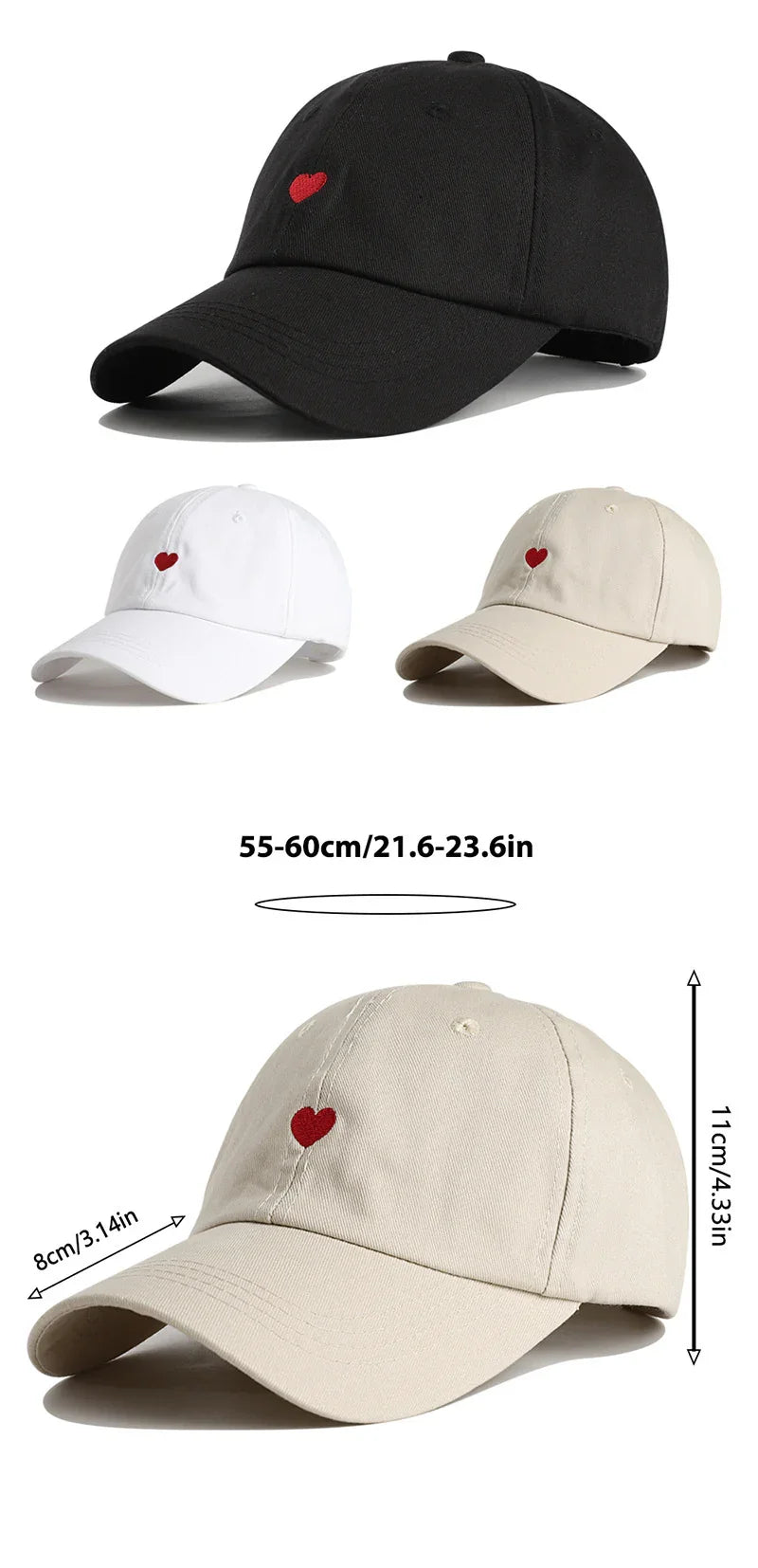 Three cotton baseball caps in black, white, and beige with small red heart embroidery and size dimensions