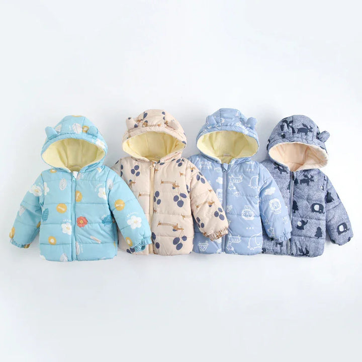 Four colorful baby hooded puffer jackets with animal and floral prints, soft lining, and bear ears on hoods