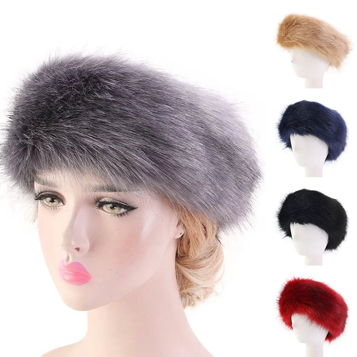 Woman mannequin wearing a fluffy grey fur hat with additional fur hats in beige, navy, black, and red shown