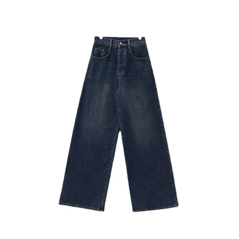 Dark blue wide-leg high-waisted denim jeans with front pockets on white background