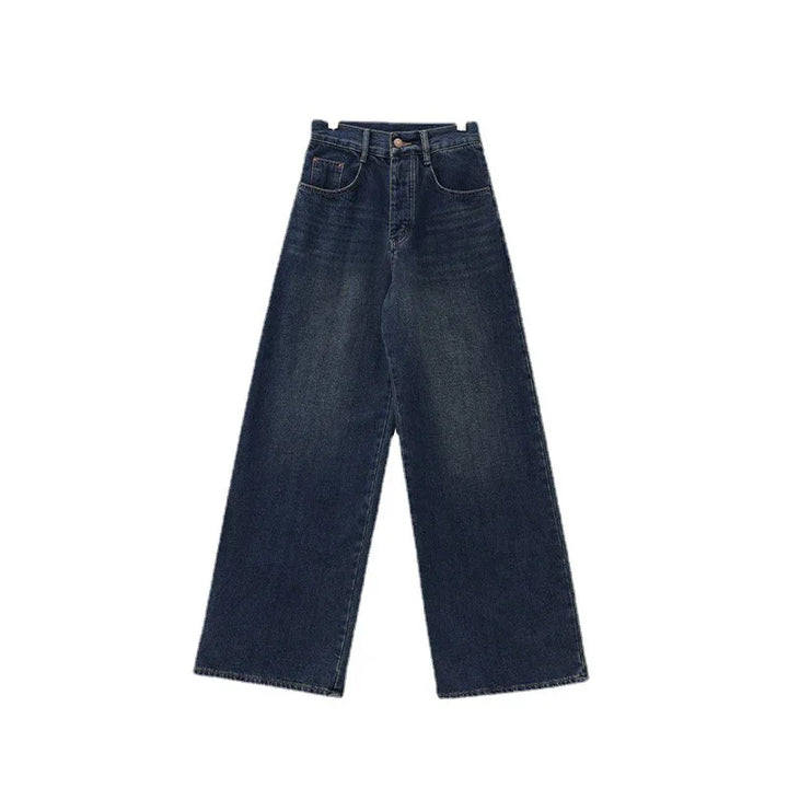 Dark blue wide-leg high-waisted denim jeans with front pockets on white background