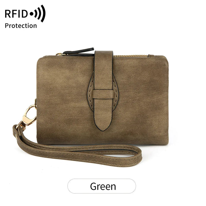 Green RFID protection wristlet wallet with buckle strap and zipper closure