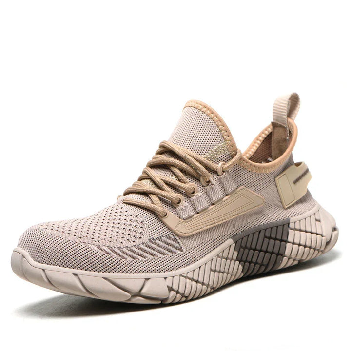 Beige lightweight breathable knit sneaker with textured sole and lace-up design