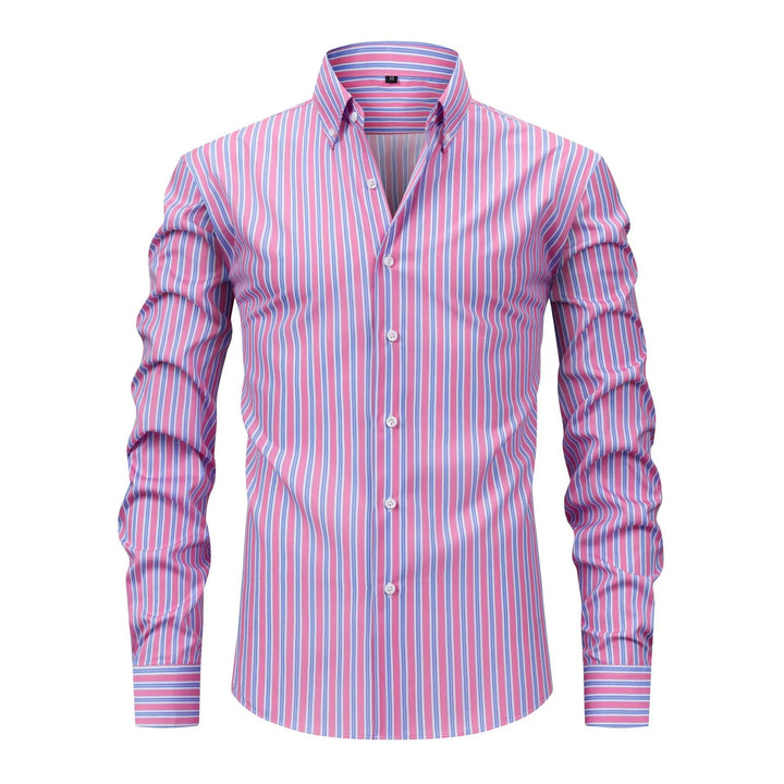 Men's pink and blue vertical striped button-up dress shirt with long sleeves and collar