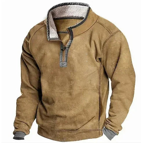 Men's brown fleece pullover with quarter zip, grey trim cuffs, and cozy inner lining