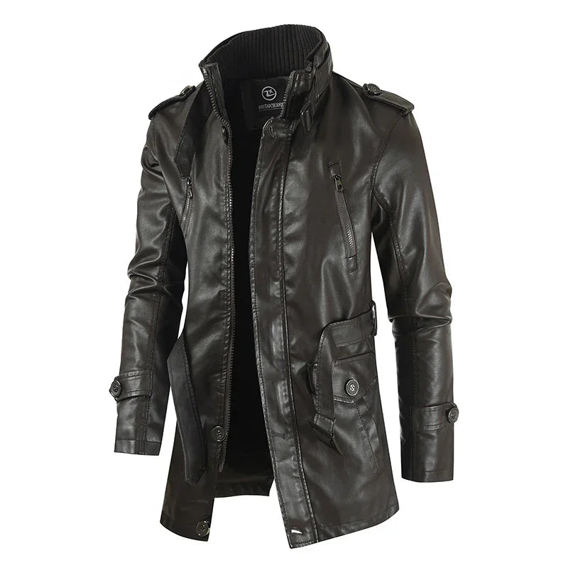 Black men's leather jacket with standing collar, zippered and buttoned pockets, and buttoned strap details