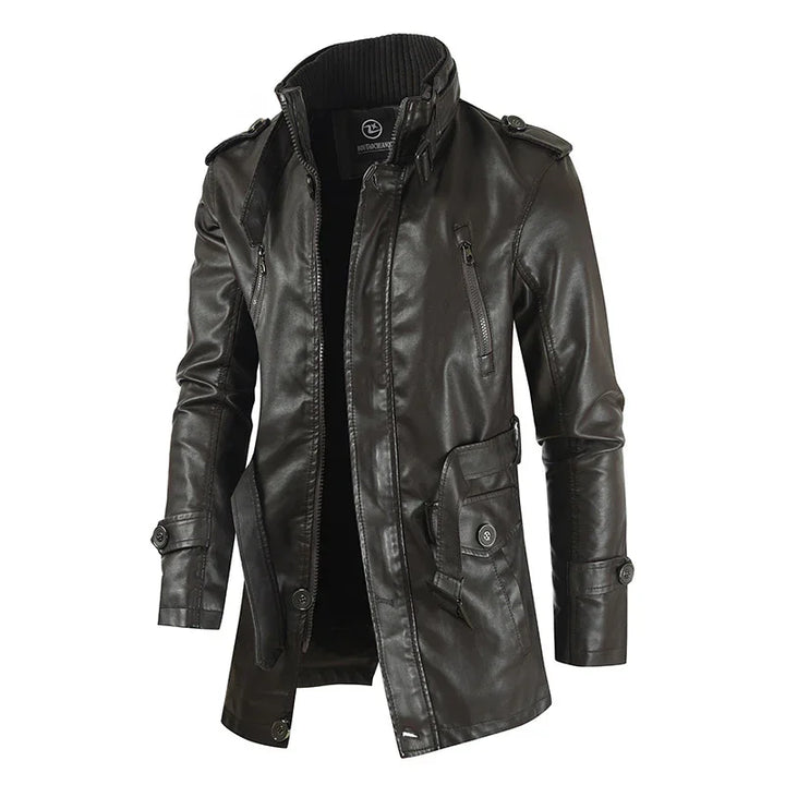Black men's leather jacket with standing collar, zippered and buttoned pockets, and buttoned strap details