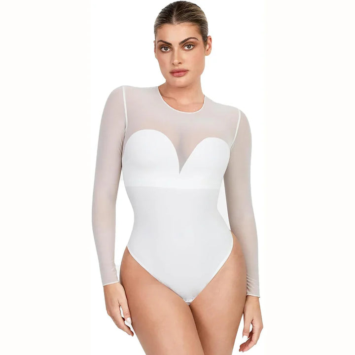 Woman wearing white long-sleeve mesh bodysuit with sweetheart neckline on white background