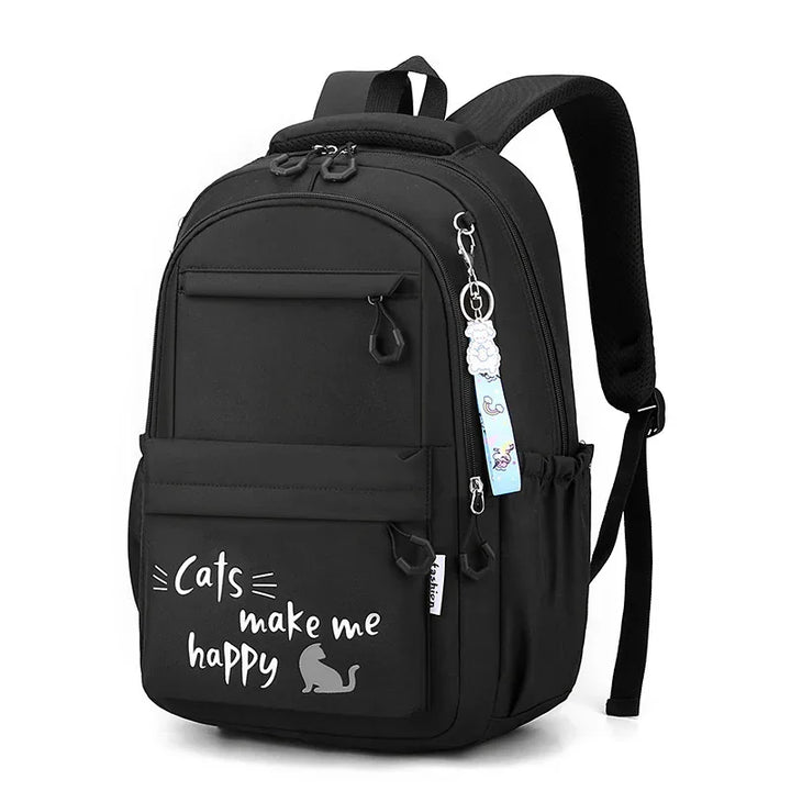 Black backpack with multiple compartments and 'Cats make me happy' text with cat silhouette on front pocket