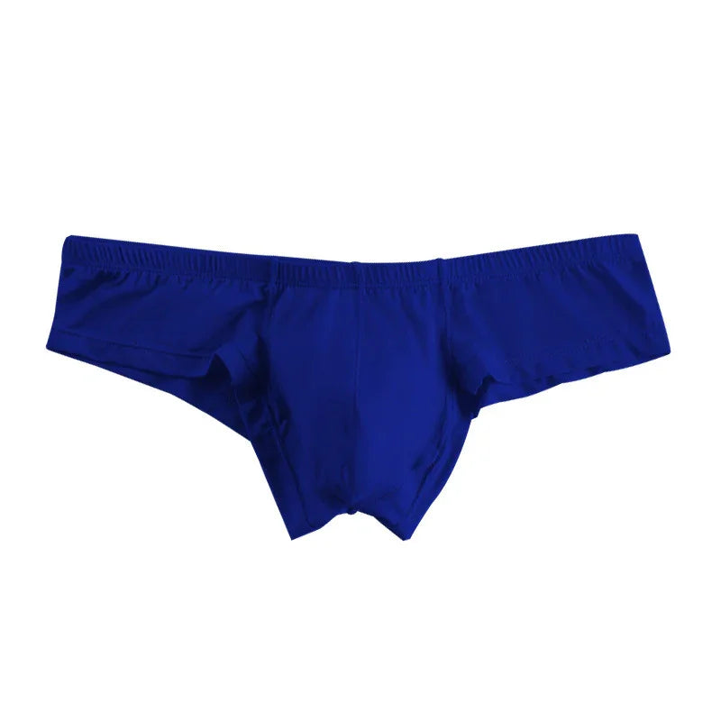 Blue men's bikini briefs underwear with a low-rise waistband on white background