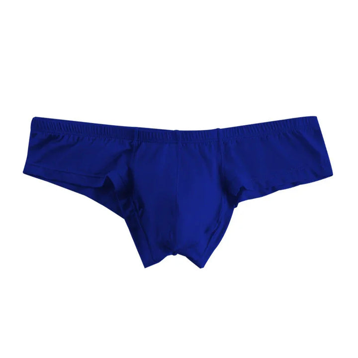 Blue men's bikini briefs underwear with a low-rise waistband on white background