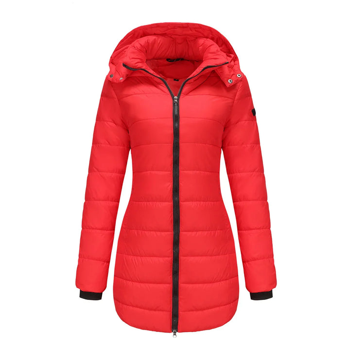 Red women's long puffer jacket with hood, black zipper, and fitted design