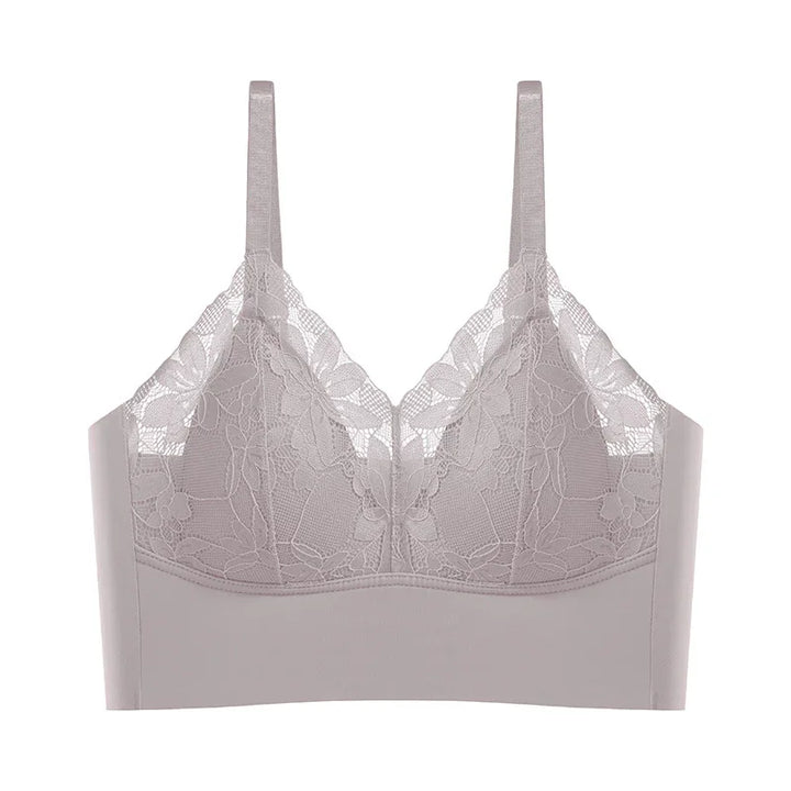 light gray lace bralette with floral pattern and adjustable straps on white background