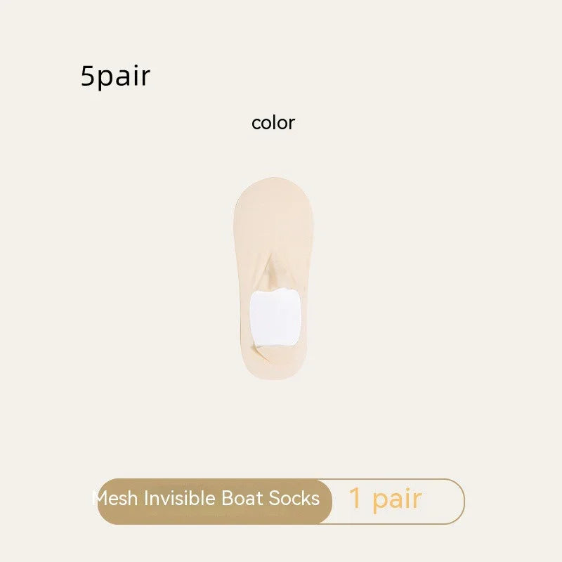 Single beige mesh invisible boat sock on light background with text '5 pair' and 'Mesh Invisible Boat Socks'