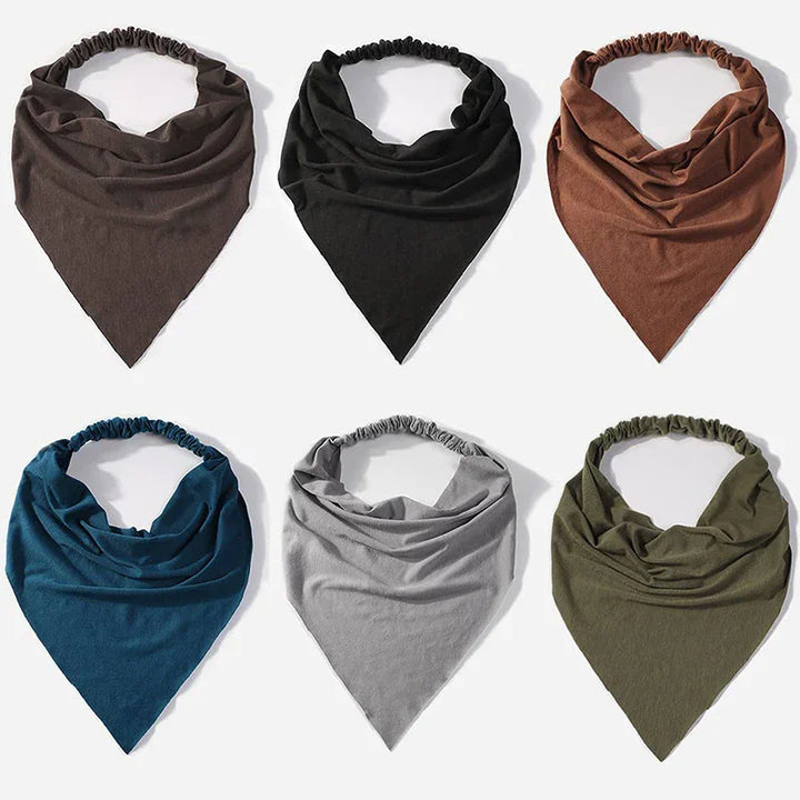 Six triangular bandana headbands in brown, black, rust, teal, gray, and olive green arranged on white background