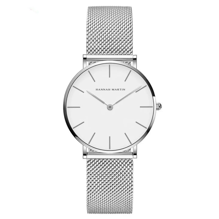 Hannah Martin minimalist silver watch with white dial and mesh stainless steel strap