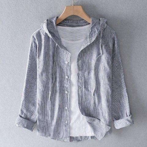 Light gray hooded striped shirt with white buttons and white inner t-shirt on wooden hanger
