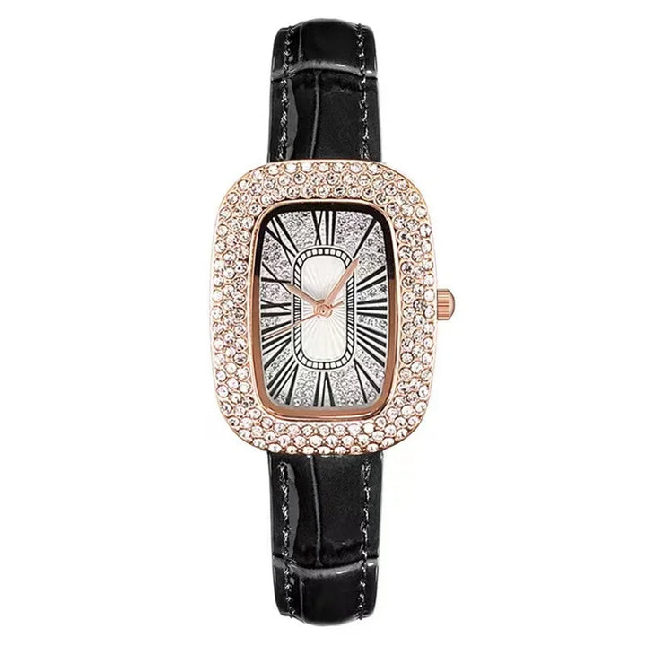 Elegant women's wristwatch with black leather strap, rectangular rose gold case encrusted with crystals, and Roman numeral dial