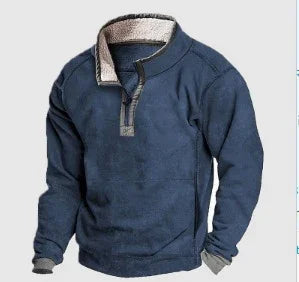 Navy blue fleece pullover with quarter zip and beige sherpa lining on collar and cuffs