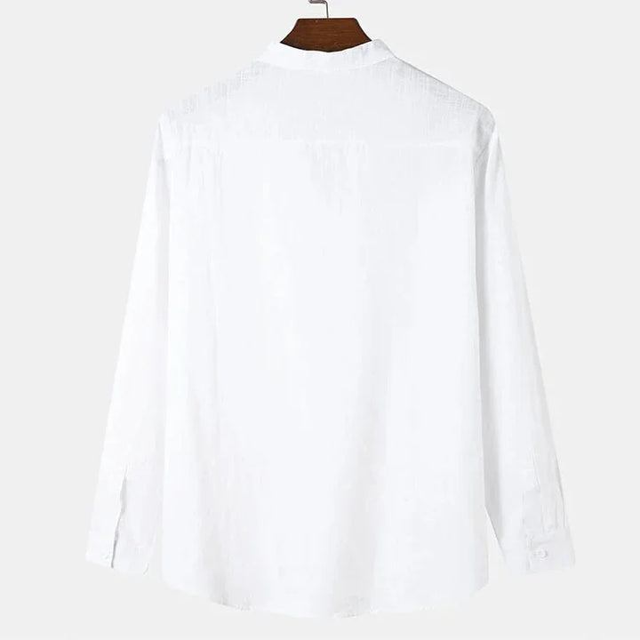 Back view of plain white long sleeve shirt hanging on wooden hanger