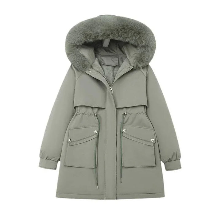 Green winter parka jacket with fur-lined hood and large front pockets on white background