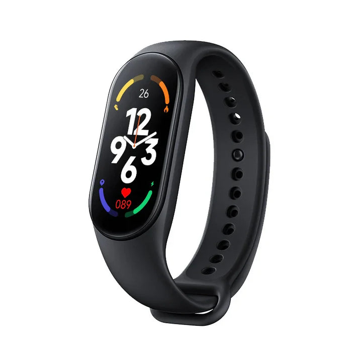 Black fitness tracker smart watch with colorful digital clock face and health metrics display