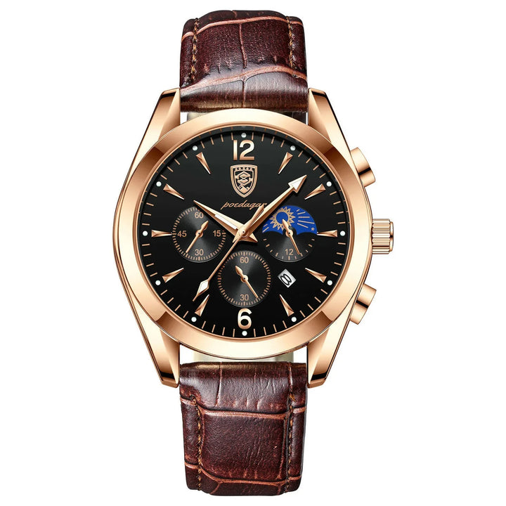 Men's rose gold analog wristwatch with black dial, chronograph, date display, and brown leather strap
