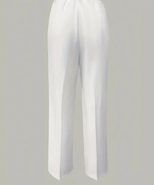 Pair of white straight-leg pants with a high waist on gray background