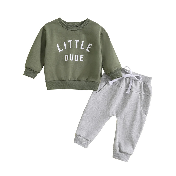 Toddler boy clothing set with green sweatshirt reading 'LITTLE DUDE' and light gray sweatpants