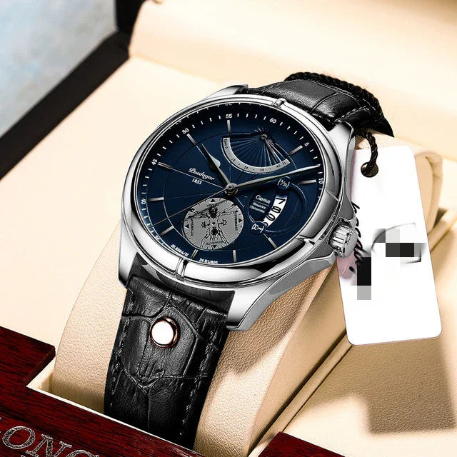 luxury men's wristwatch with black leather strap and navy blue dial on beige display cushion