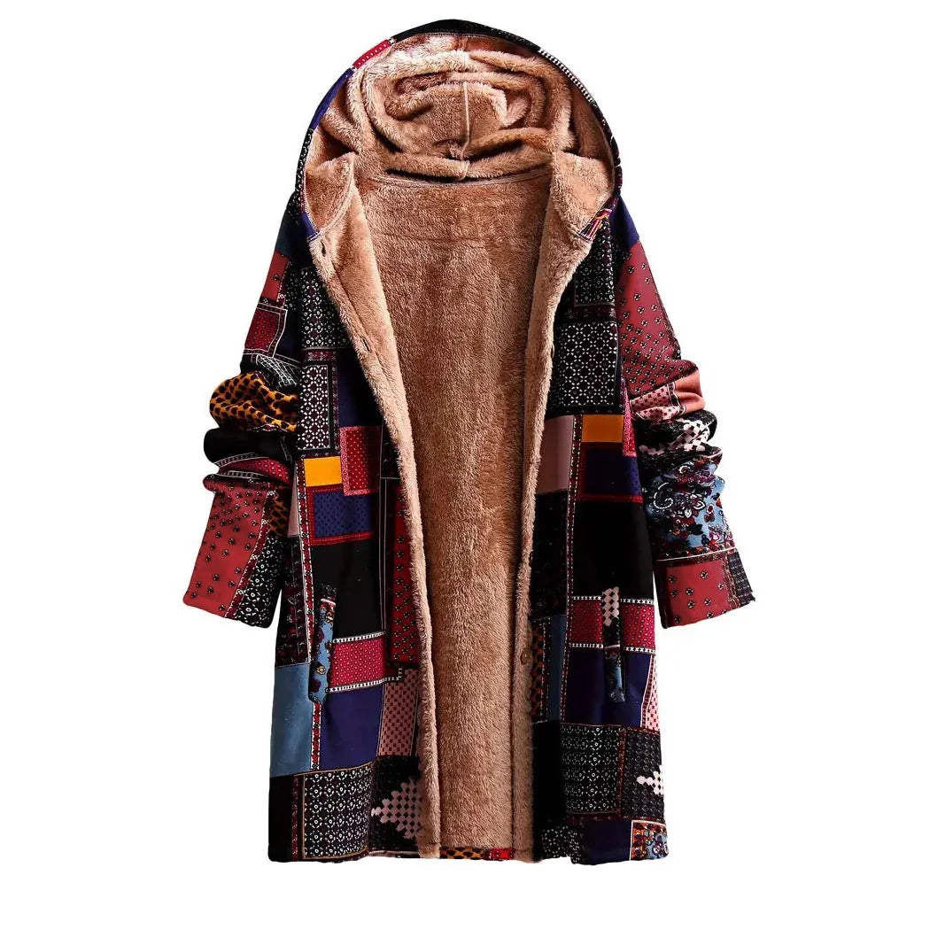 Patchwork long coat with warm beige fleece lining and hood, featuring colorful geometric patterns
