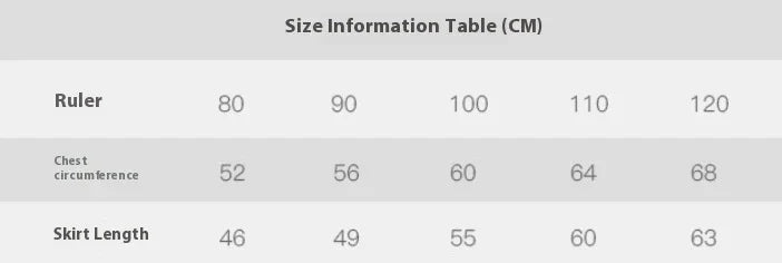 Size information table showing measurements in centimeters for ruler, chest circumference, and skirt length across sizes 80 to 120